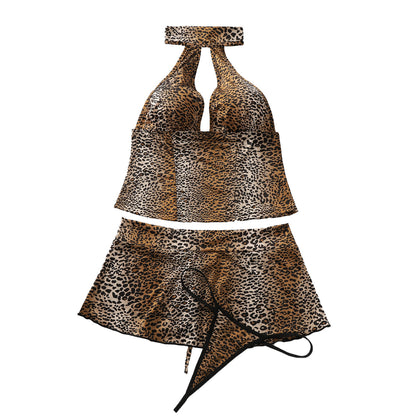 Vintage Leopard Print Hollow Out Cutout Deep V Plunge Halterneck Vest Stitching Low Waist Air Skirt with T Back Set