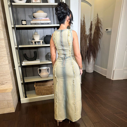 Women Denim Suit Women Personalized Hand Worn Vest High Slit Denim Skirt Set - Wanita Store