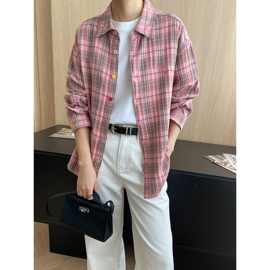 Early Autumn Color Button Design Loose All Cotton Plaid Long Sleeve Shirt