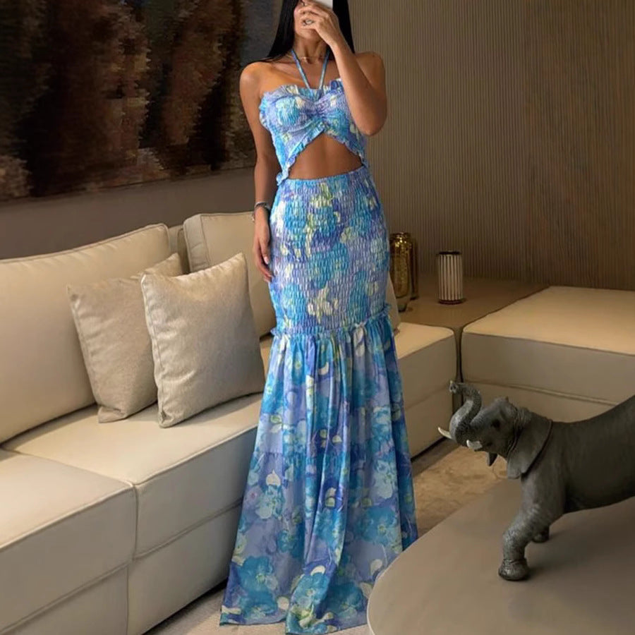 Spring Summer Halterneck Printed Pleated Dress Casual Loose Vacation Dress