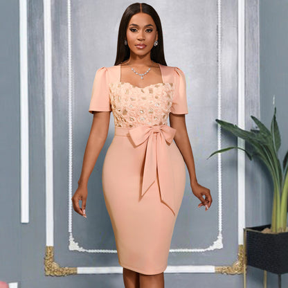 Women Clothing High Grade Three Dimensional Rose Square Collar Dress Bow Waist Tight Cocktail Hip Dress - Wanita Store