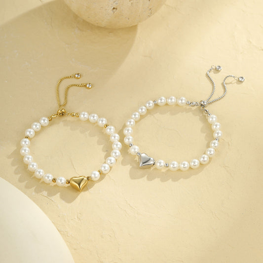 High Grade Sweet Cool Pearl Heart Bracelet Twin Colorfast 18K Bracelet Affordable Luxury - Wanita Store