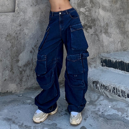 Personality Stitching Denim Trousers Autumn High Waist Large Pocket Loose Casual Wide Leg Pants Women Clothing - Wanita Store