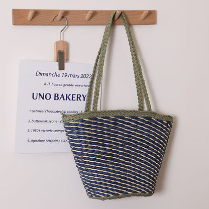 Special Interest Design Contrast Color One Shoulder Straw Bag Simple Twill Woven Tote Women Seaside Vacation Beach Bag - Wanita Store