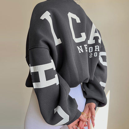 Knitted Women Letter Graphic Printed Loose Top Winter Casual All Matching Hoodie - Wanita Store
