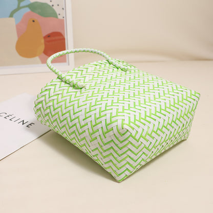 Cute Portable Plastic Woven Bag Fresh Square Straw Bag Vacation Beach Bag All Match Vegetable Basket Bag - Wanita Store