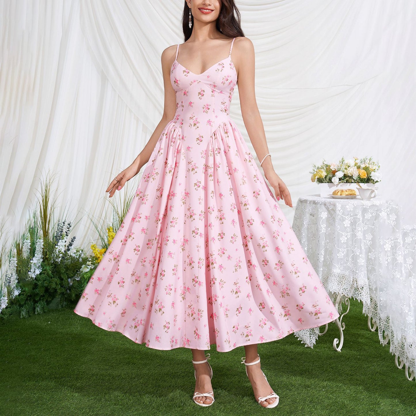 Vacation Low Collar Slip Dress Sexy Backless Lace up Waist Slimming Printed Pleated Midi Dress