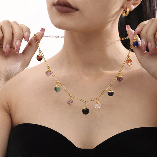 Mioli Handmade Chain Colorful Natural Stone Bohemian Necklace Women Stainless Steel All Match Internet Celebrity Embellished Jewelry - Wanita Store