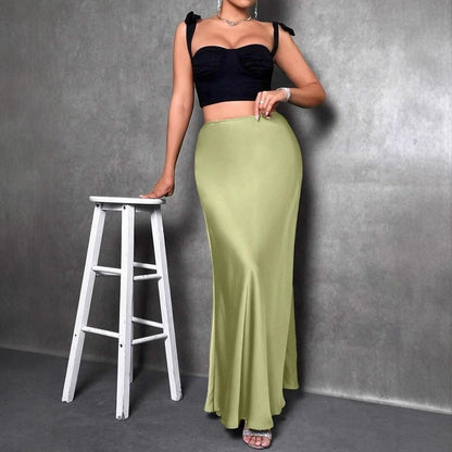 Satin Skirt Autumn Winter Simple A line Long Skirt Women Clothing - Wanita Store