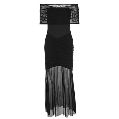 Conjunto de dos piezas de vestido ajustado de malla plisada y top sin tirantes para mujer, otoño
