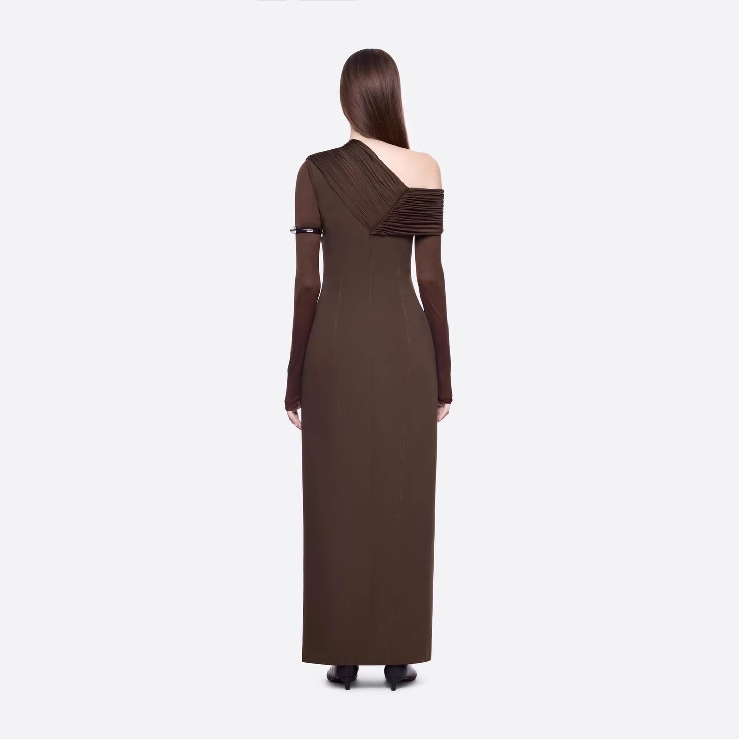 Spring Dark Brown One Shoulder Dress Pleated High Slit Maxi Dress the Dinner Party Host