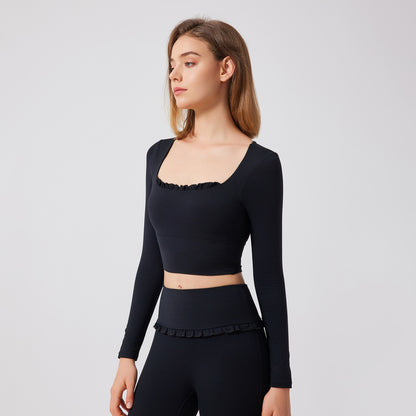 Autumn Winter Nude Feel Lace Yoga Clothes Long Sleeve Semi Fixed Cup Running Slim Sports Bra Breathable Workout Clothes Top - Wanita Store
