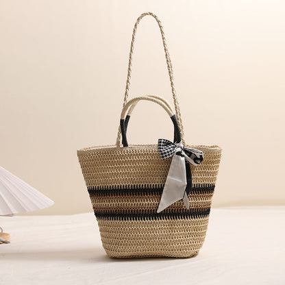 Striped Shoulder Straw Bag Silk Scarf Woven Tote Women Seaside Vacation Beach Bag - Wanita Store