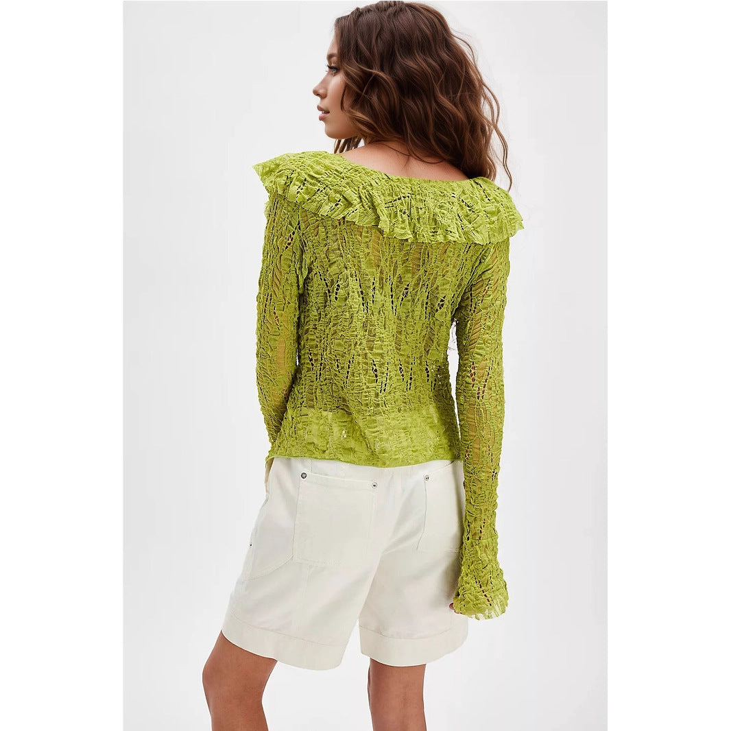 Camiseta de encaje con cuello de pico para mujer, cárdigan de otoño con volantes, top corto de punto de manga larga