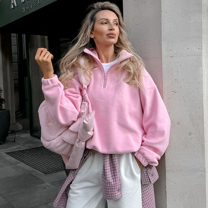 Autumn Winter Lambswool Loose Lapels Pullover Sweatshirt Polar Fleece Women Clothing - Wanita Store