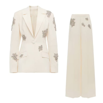 Heavy Industry Beads Diamond Embedded One Button Blazer Wide Leg Pants Suit Two Pieces - Wanita Store