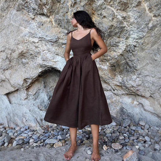 Pure Cotton V neck with Shoulder Straps Women Spring Elegant Sexy Lace up Backless Dress