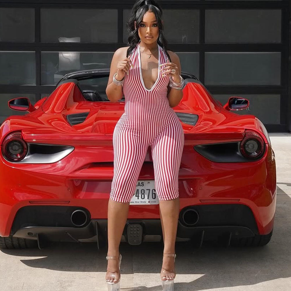 Stripes Hollow Out Cutout Backless Lace up Short High End Jumpsuit Women