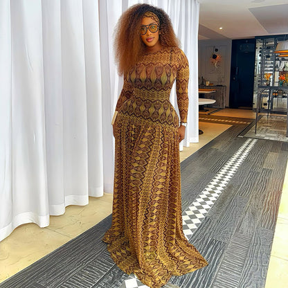 Elegant Retro Women Waist Slimming Micro Transparent A line Printing round Neck Long Sleeved Dress - Wanita Store