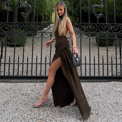 Vestido Elegante sin Espalda con Abertura, Cuello Halter y Retazos de Malla de Color Liso para Mujer