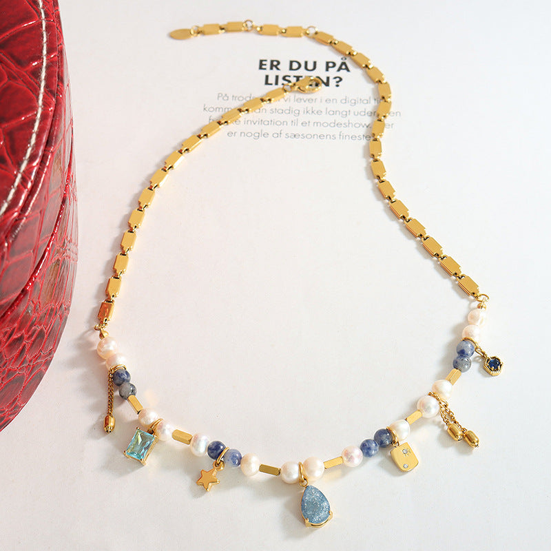 Mix Match Geometric Abstract Material Natural Stone Freshwater Pearl Titanium Steel Embellished Necklace Stitching Heavy Industry to Create Copper Material Chain - Wanita Store