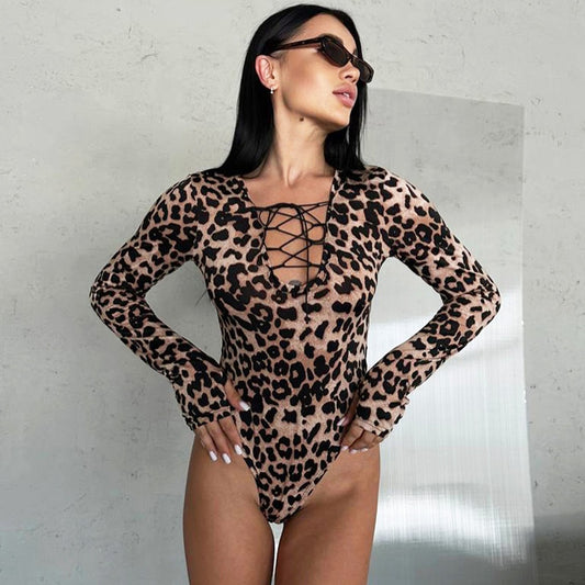 Women Clothing Autumn Tether V neck Leopard Print Long Sleeve Jumpsuit