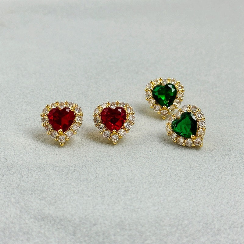 Girly Sweet Zircon Peach Heart Stud Earring Shiny Exquisite Affordable Luxury Women 925 Silver Needle - Wanita Store