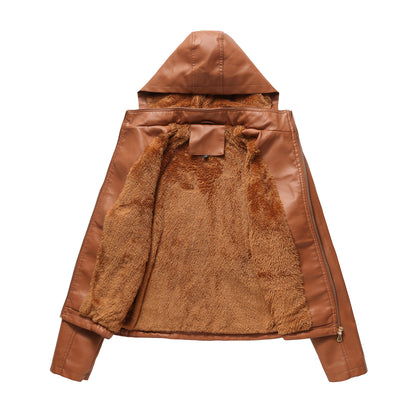 Fall Winter Hooded Leather Coat Women's Detachable Hat Long Sleeve Zipper Fleece-Lined Leather Jacket Slim Coat - Wanita Store