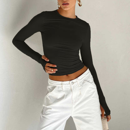 Women Clothing Solid Color Bottoming Round Neck T Shirt Sexy Slim Fit Slimming Long Sleeves Top T Shirt Autumn Winter - Wanita Store