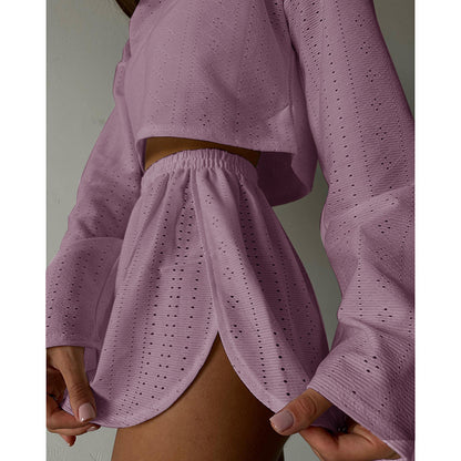 Autumn Ladies Simple Slim Fit Loose Pullover Top Shorts Set - Wanita Store