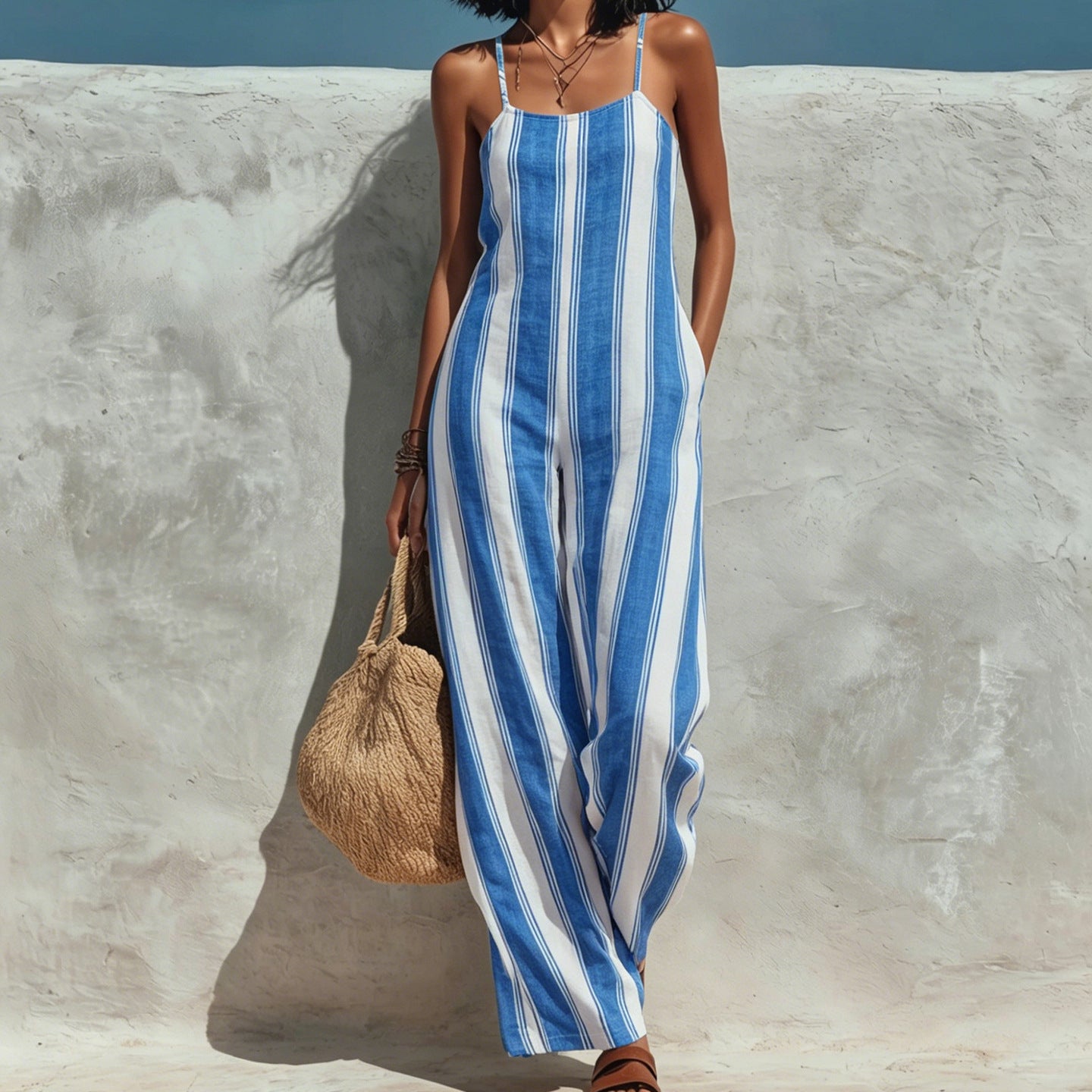 Summer Elegant Casual Striped Sleeveless Blue White Striped Spaghetti Straps Jumpsuit