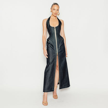 Elegante Vestido Liso sin Mangas con Cuello Halter Ajustado y sin Espalda de Jean para Verano