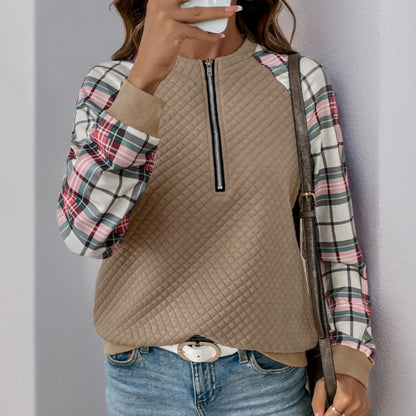 Casual Retro Cardigan Zipper Plaid Stitching Diamond Patterns Fabric Sweatshirts - Wanita Store