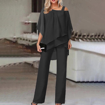 Women Clothing Solid Color Loose Casual Sleeve Irregular Asymmetric Suit - Wanita Store