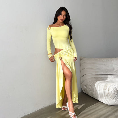 Vestido Sexy Escotado con Hombros al Descubierto, Manga Larga, Otoño, con Abertura, Tipo Vaina