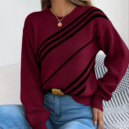Women Clothing Autumn Winter Casual Striped round Neck Lantern Long Sleeve Pullover - Wanita Store