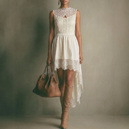 Vestido sin mangas asimétrico de cintura alta irregular de encaje francés calado para mujer, ideal para las vacaciones de verano, sin cinturón