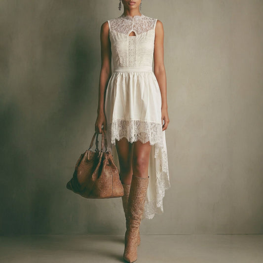 French Lace Hollow Out Cutout Sleeveless Dress Women Summer Vacation Irregular Asymmetric High Waist Dress without Belt