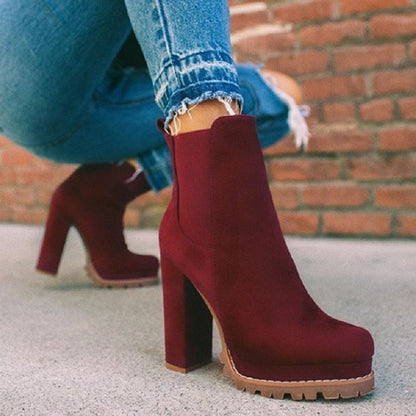 Round Head Leopard Print Chunky Heel Short Knight Boots Women High Heel Elastic Band Sleeve Suede Boots - Wanita Store