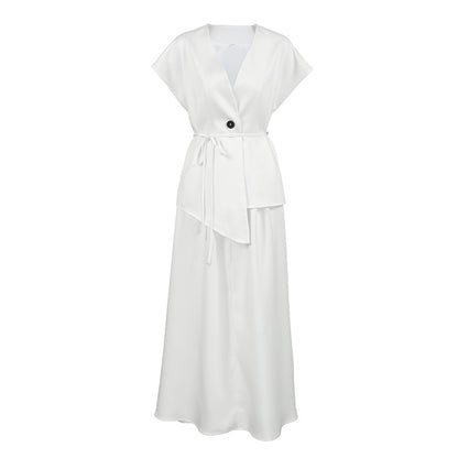 Conjunto de dos piezas de chaleco blanco de manga corta con cordones para mujer, camisa blanca de longitud media y falda acampanada