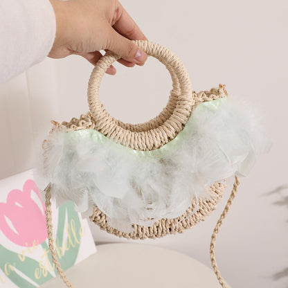 Fairy Feather Crossbody Straw Bag Cute Portable Semicircle Straw Bag Woven Bag Rattan Weave Bag Seaside Vacation Beach Bag - Wanita Store