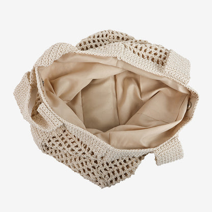 Casual Large Capacity Cotton Thread Woven Bag Hollow Out Cutout Straw Bag Seaside Vacation Beach Bag Mesh Shoulder Bag - Wanita Store