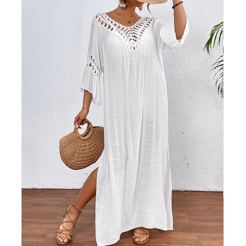 Ropa de mujer de ganchillo a mano, costura, bola colorida, sexy, calada, con espalda descubierta, suelta, larga, para la playa