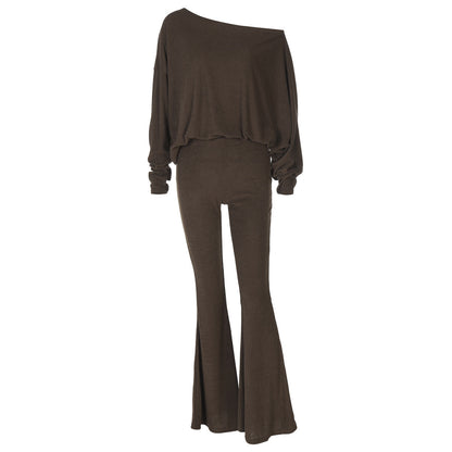 Women lothing Autumn Oblique Shoulder Long Sleeve Top High Waisted Boot Cut Pants Casual Set - Wanita Store