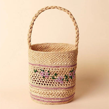 Raffia Floral Embroidery Straw Bag French One Shoulder Portable Straw Bag Woven Bag Seaside Vacation Beach Bag Women Bag - Wanita Store