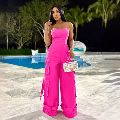 Women Clothing Sexy Tube Top Multi Pocket Workwear Jumpsuit Wide Leg Jumpsuit - Wanita Store