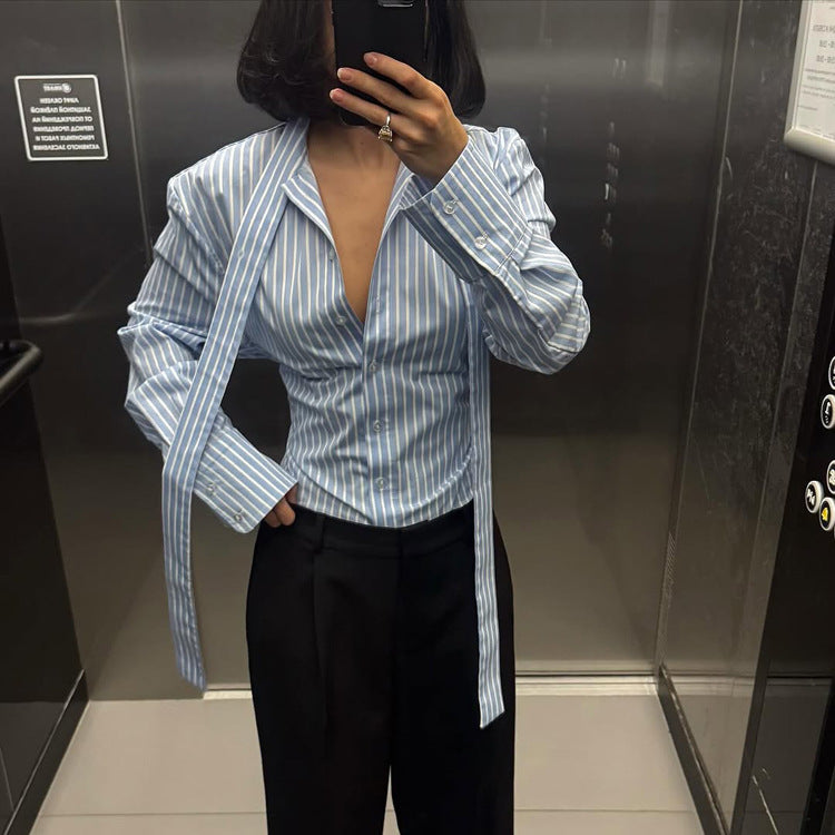 Vêtements Femme Chemise Rayée à Col Chemise Cardigan à Lacets Manches Longues Taille Ajustable pour Femme