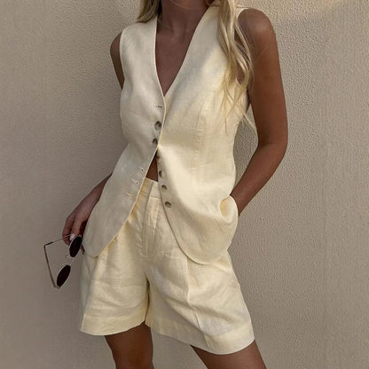 Cotton Linen Vest Shorts Set Summer Office Vest Shorts Set Casual Women - Wanita Store