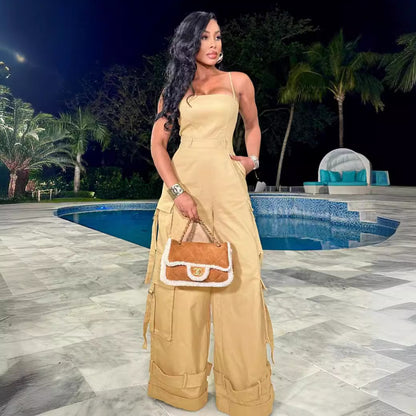 Women Clothing Sexy Tube Top Multi Pocket Workwear Jumpsuit Wide Leg Jumpsuit - Wanita Store