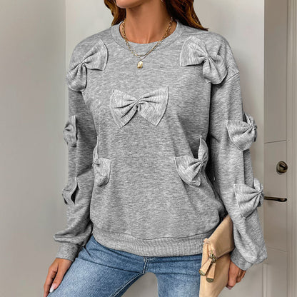 Casual Autumn Bow Stitching Gray round Collar Sweatshirt - Wanita Store
